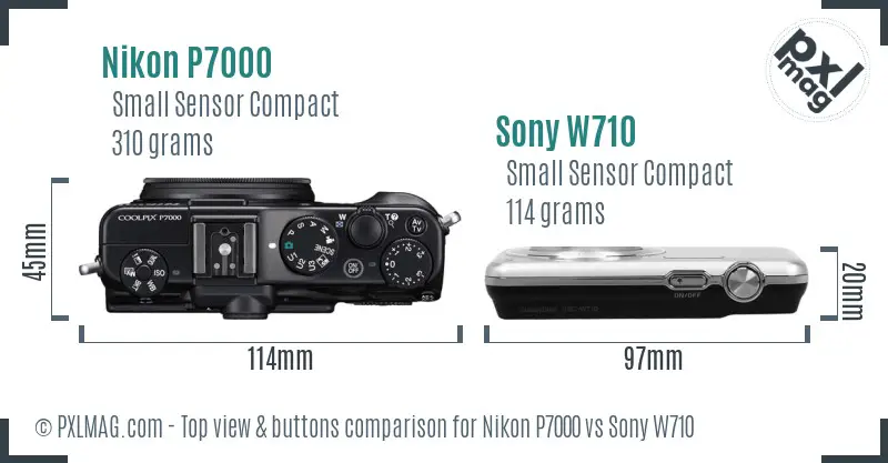 Nikon P7000 vs Sony W710 top view buttons comparison