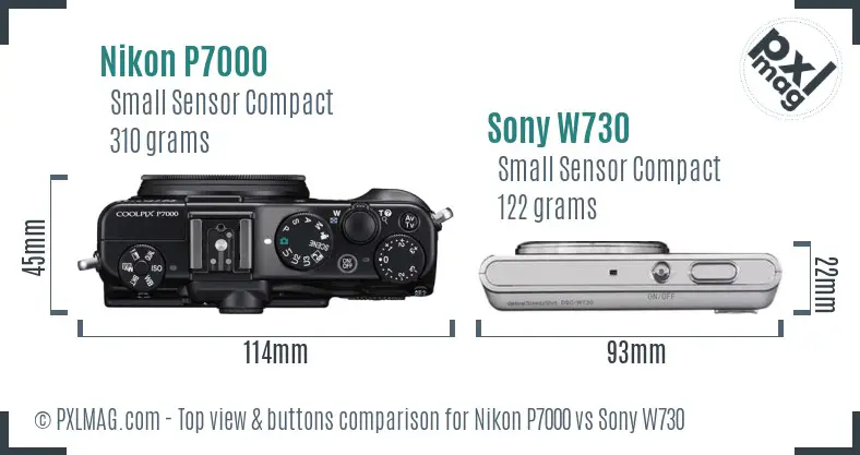 Nikon P7000 vs Sony W730 top view buttons comparison