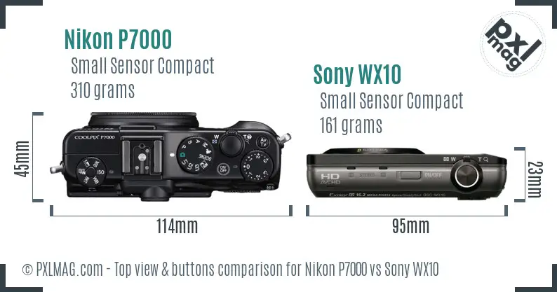 Nikon P7000 vs Sony WX10 top view buttons comparison