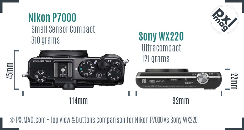 Nikon P7000 vs Sony WX220 top view buttons comparison