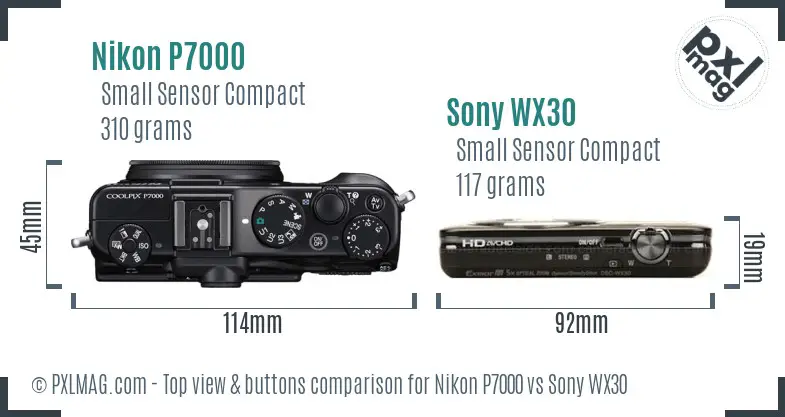 Nikon P7000 vs Sony WX30 top view buttons comparison