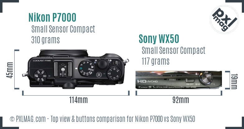 Nikon P7000 vs Sony WX50 top view buttons comparison