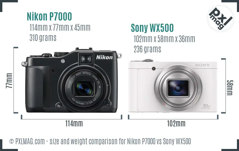 Nikon P7000 vs Sony WX500 size comparison