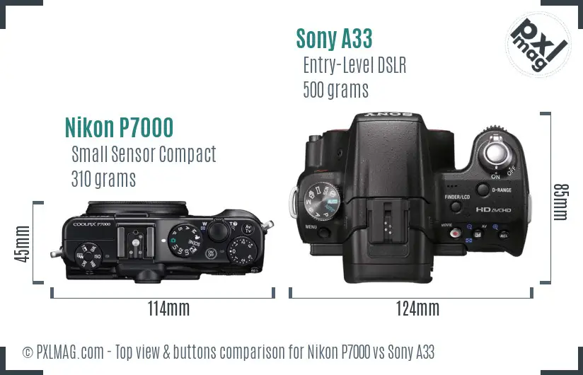 Nikon P7000 vs Sony A33 top view buttons comparison