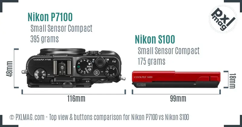 Nikon P7100 vs Nikon S100 top view buttons comparison