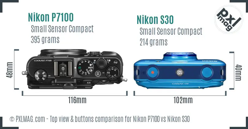 Nikon P7100 vs Nikon S30 top view buttons comparison Nikon P7100 vs Nikon S30 top view buttons comparison