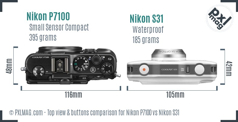 Nikon P7100 vs Nikon S31 top view buttons comparison