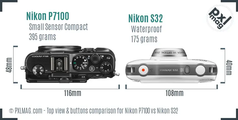 Nikon P7100 vs Nikon S32 top view buttons comparison