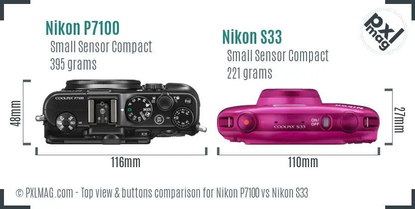 Nikon P7100 vs Nikon S33 top view buttons comparison