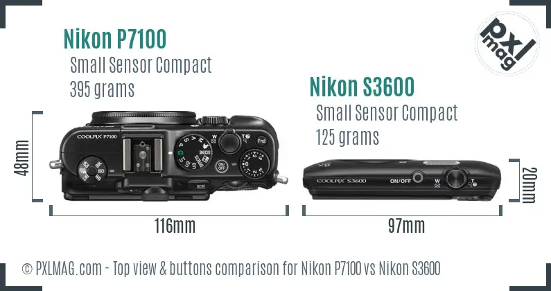 Nikon P7100 vs Nikon S3600 top view buttons comparison