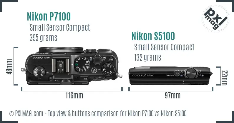 Nikon P7100 vs Nikon S5100 top view buttons comparison