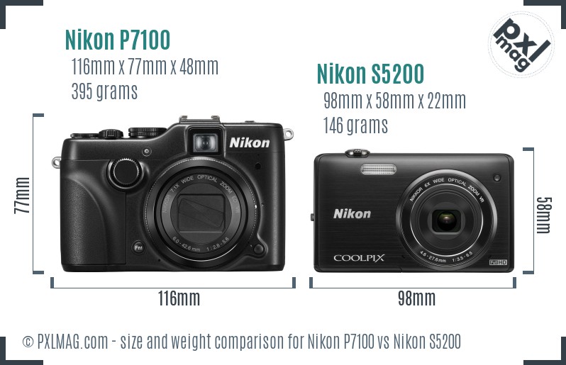 Nikon P7100 vs Nikon S5200 size comparison