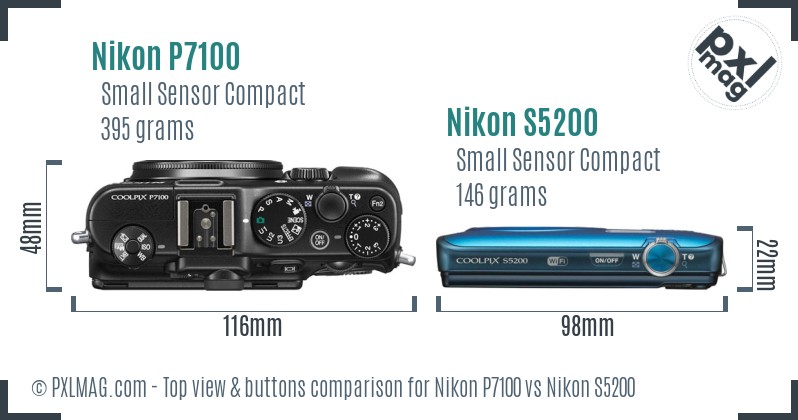Nikon P7100 vs Nikon S5200 top view buttons comparison