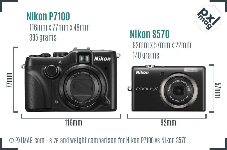 Nikon P7100 vs Nikon S570 size comparison