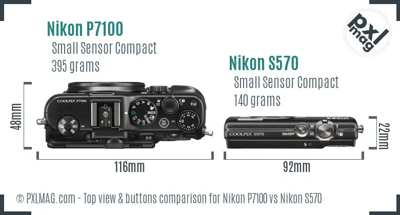 Nikon P7100 vs Nikon S570 top view buttons comparison