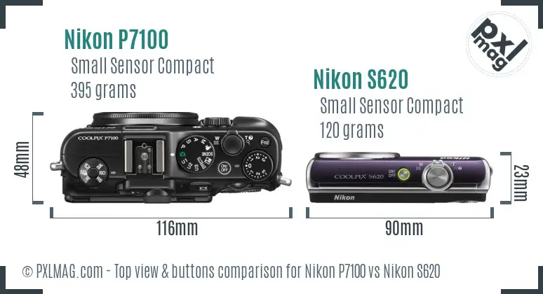 Nikon P7100 vs Nikon S620 top view buttons comparison