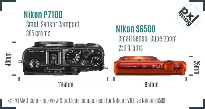 Nikon P7100 vs Nikon S6500 top view buttons comparison Nikon P7100 vs Nikon S6500 top view buttons comparison