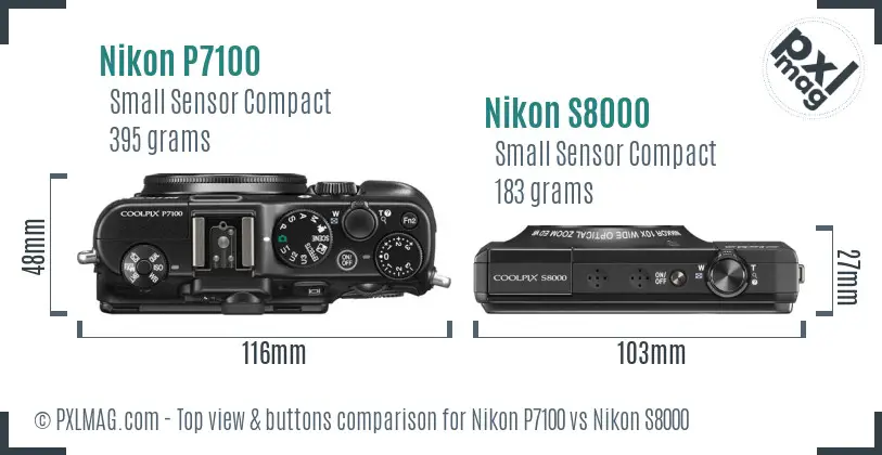 Nikon P7100 vs Nikon S8000 top view buttons comparison