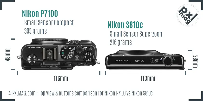 Nikon P7100 vs Nikon S810c top view buttons comparison
