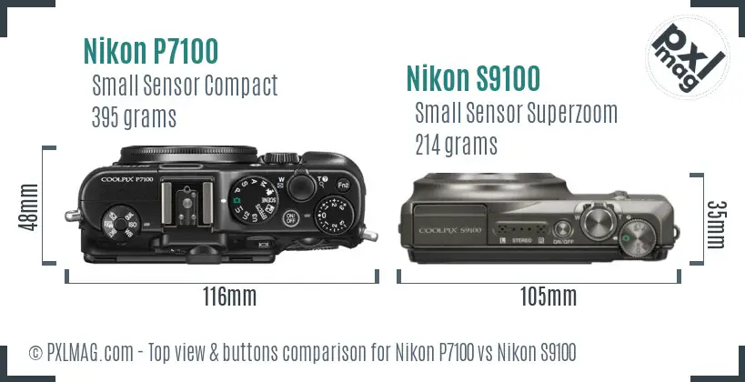 Nikon P7100 vs Nikon S9100 top view buttons comparison