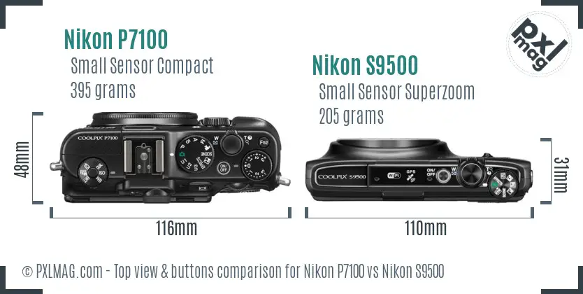 Nikon P7100 vs Nikon S9500 top view buttons comparison