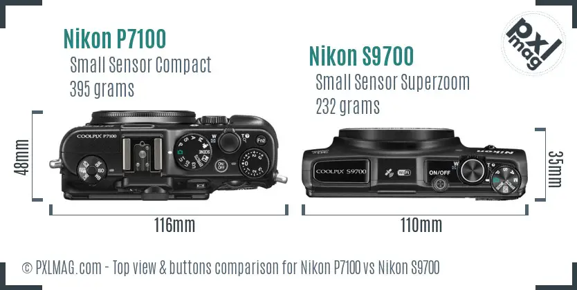 Nikon P7100 vs Nikon S9700 top view buttons comparison Nikon P7100 vs Nikon S9700 top view buttons comparison