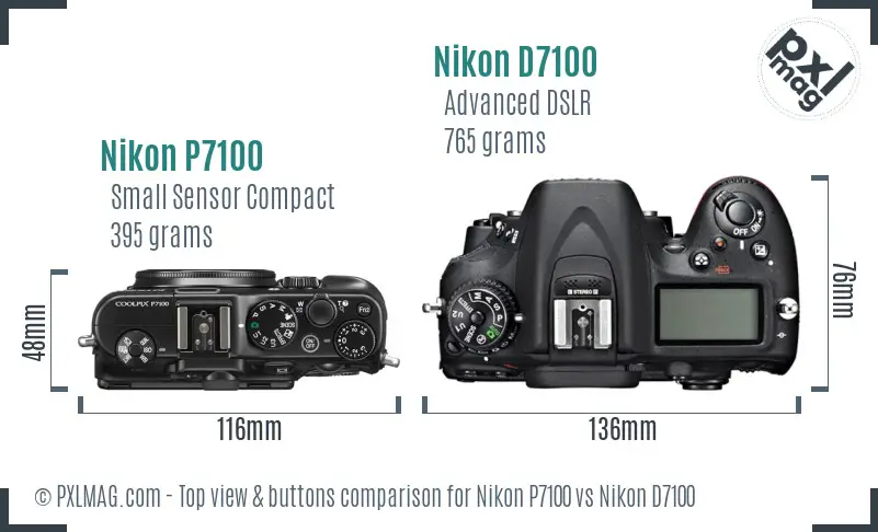 Nikon P7100 vs Nikon D7100 top view buttons comparison Nikon P7100 vs Nikon D7100 top view buttons comparison