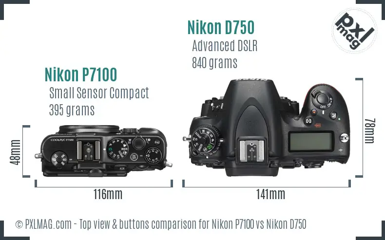 Nikon P7100 vs Nikon D750 top view buttons comparison Nikon P7100 vs Nikon D750 top view buttons comparison