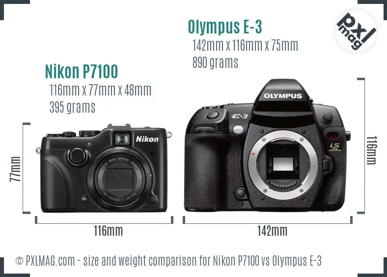 Nikon P7100 vs Olympus E-3 size comparison