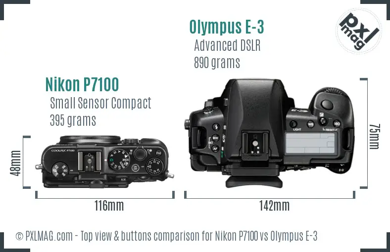 Nikon P7100 vs Olympus E-3 top view buttons comparison