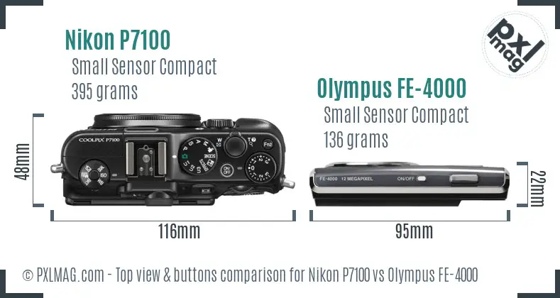Nikon P7100 vs Olympus FE-4000 top view buttons comparison