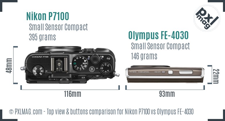 Nikon P7100 vs Olympus FE-4030 top view buttons comparison