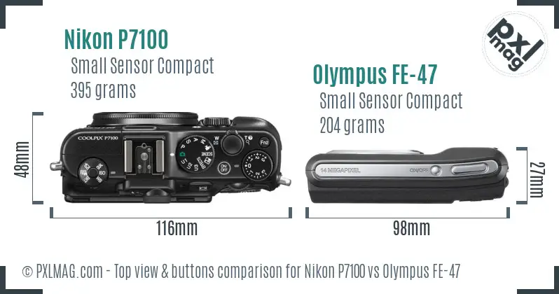 Nikon P7100 vs Olympus FE-47 top view buttons comparison