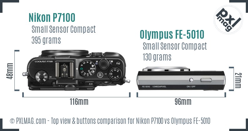 Nikon P7100 vs Olympus FE-5010 top view buttons comparison
