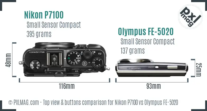 Nikon P7100 vs Olympus FE-5020 top view buttons comparison Nikon P7100 vs Olympus FE-5020 top view buttons comparison