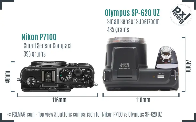 Nikon P7100 vs Olympus SP-620 UZ top view buttons comparison Nikon P7100 vs Olympus SP-620 UZ top view buttons comparison