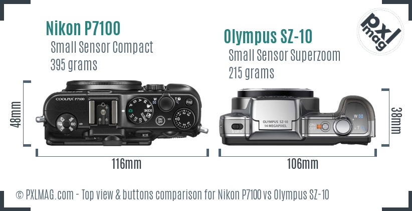 Nikon P7100 vs Olympus SZ-10 top view buttons comparison
