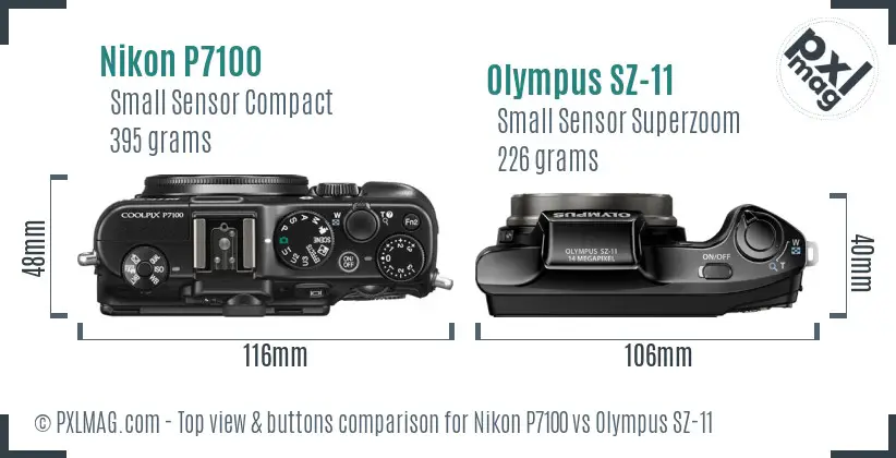 Nikon P7100 vs Olympus SZ-11 top view buttons comparison