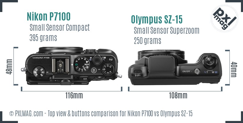 Nikon P7100 vs Olympus SZ-15 top view buttons comparison