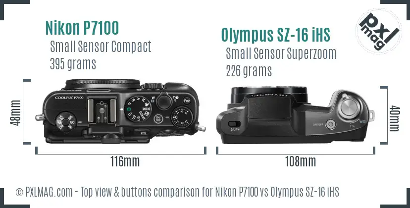 Nikon P7100 vs Olympus SZ-16 iHS top view buttons comparison