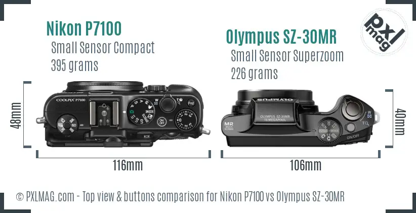 Nikon P7100 vs Olympus SZ-30MR top view buttons comparison