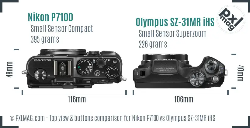 Nikon P7100 vs Olympus SZ-31MR iHS top view buttons comparison