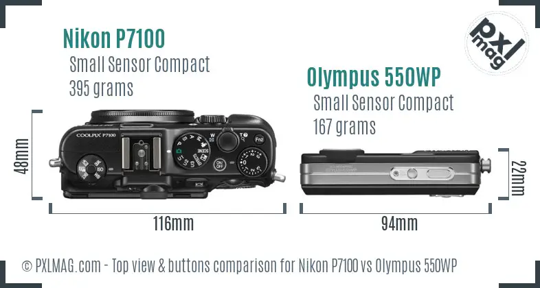 Nikon P7100 vs Olympus 550WP top view buttons comparison Nikon P7100 vs Olympus 550WP top view buttons comparison