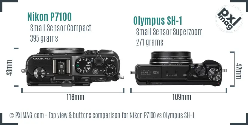 Nikon P7100 vs Olympus SH-1 top view buttons comparison Nikon P7100 vs Olympus SH-1 top view buttons comparison