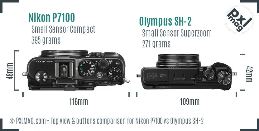 Nikon P7100 vs Olympus SH-2 top view buttons comparison