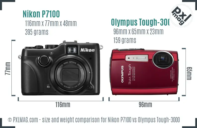 Nikon P7100 vs Olympus Tough-3000 size comparison