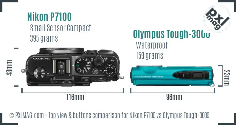 Nikon P7100 vs Olympus Tough-3000 top view buttons comparison