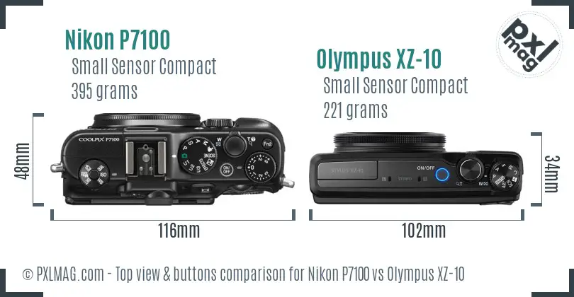 Nikon P7100 vs Olympus XZ-10 top view buttons comparison
