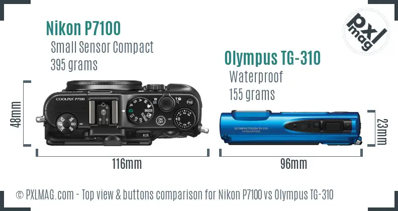 Nikon P7100 vs Olympus TG-310 top view buttons comparison