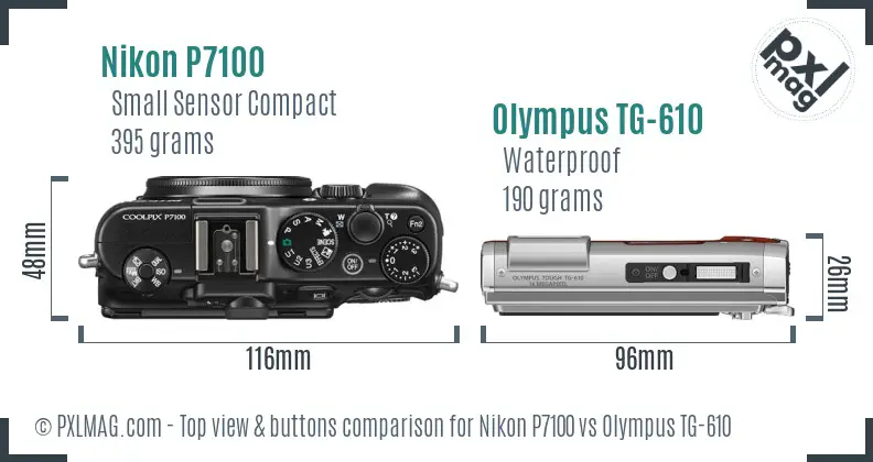 Nikon P7100 vs Olympus TG-610 top view buttons comparison